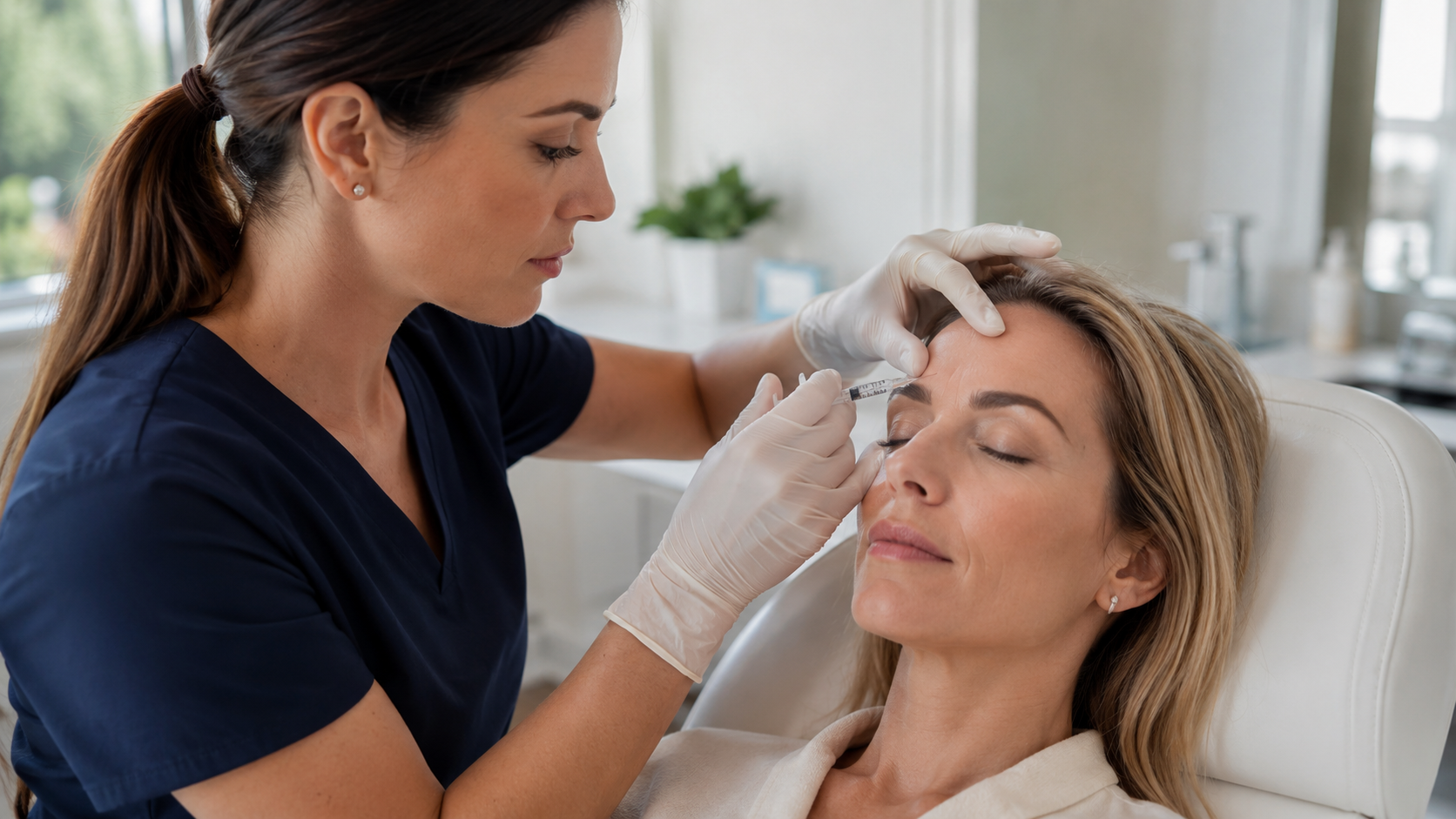 Close-up of a qualified UK practitioner giving a Botox injection to a patient's forehead in a clean clinical setting