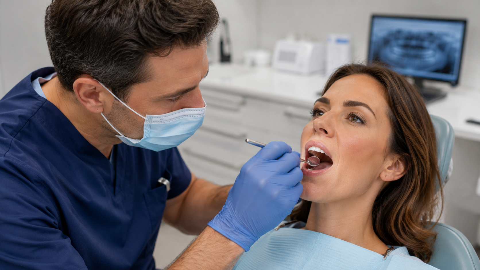 A UK dentist examining a patient's crowns after dental treatment abroad