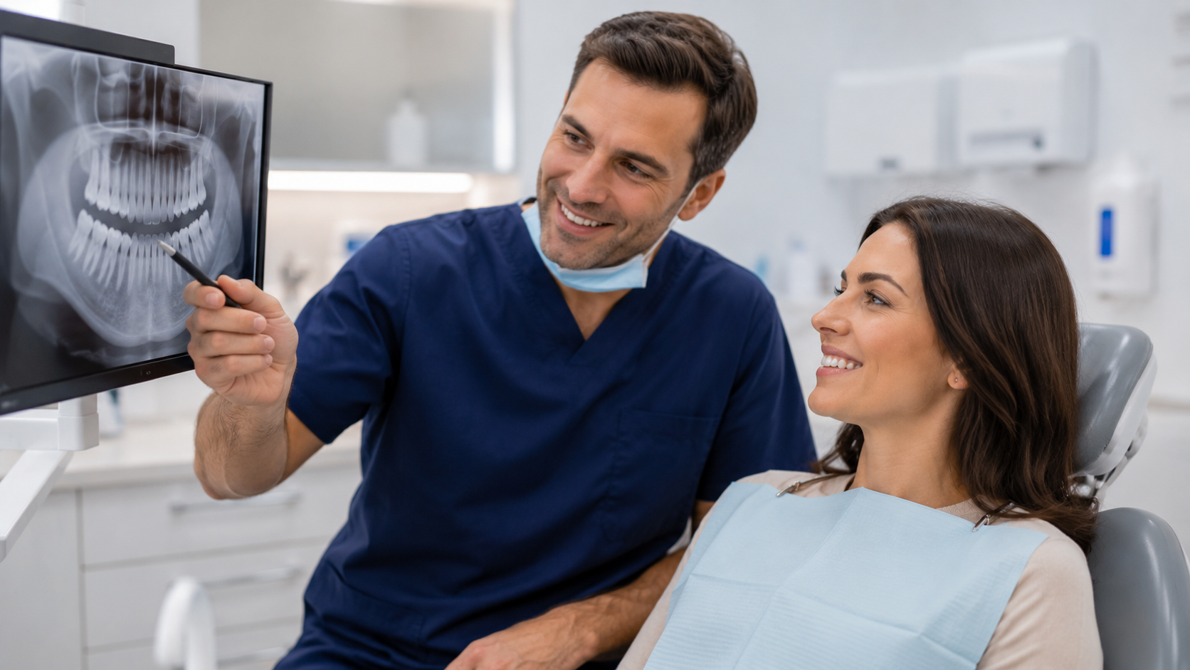 A UK dentist reviewing X-rays with a patient who had treatment abroad