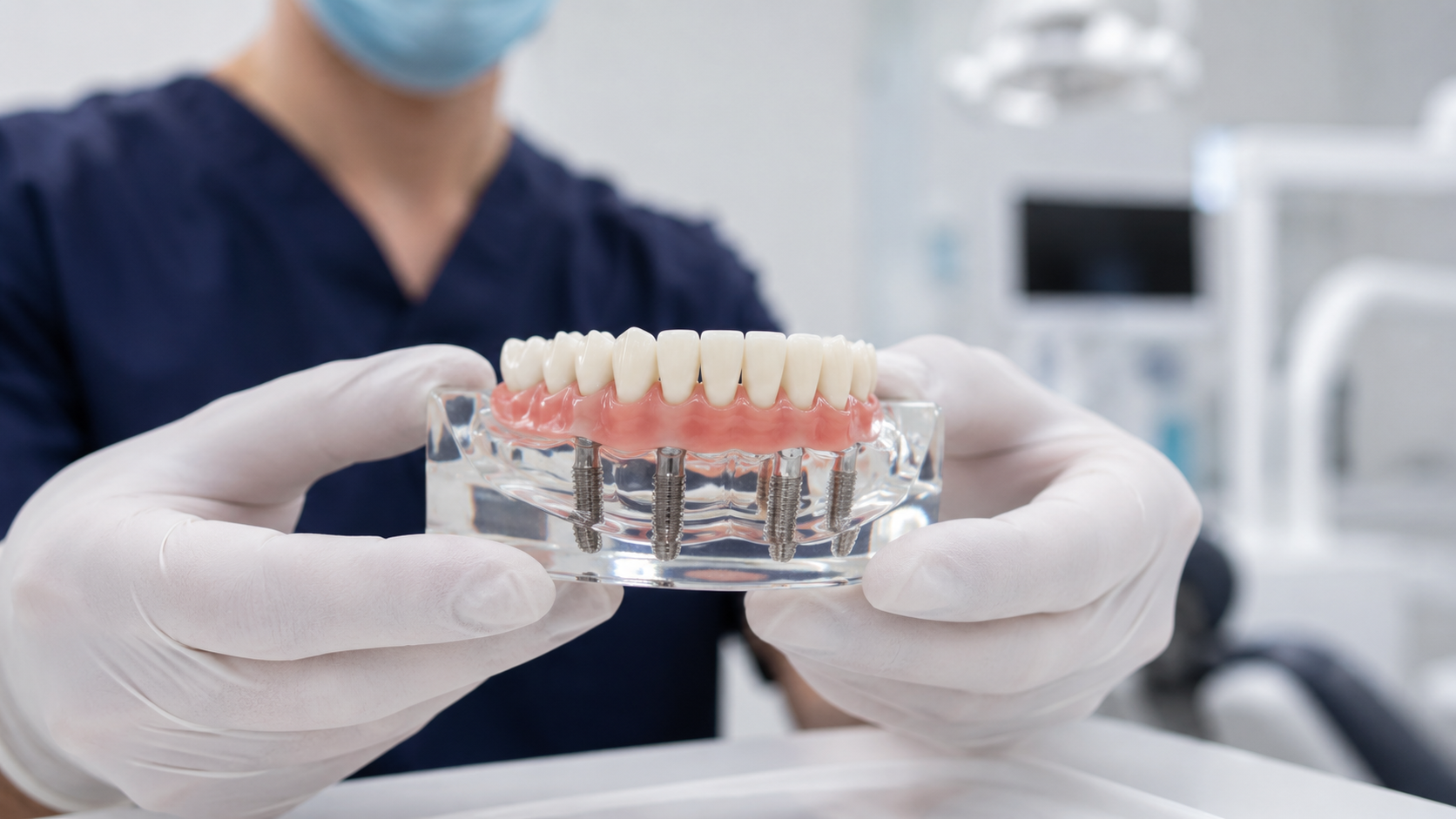 A dentist holding a full-arch All-on-4 dental implant model