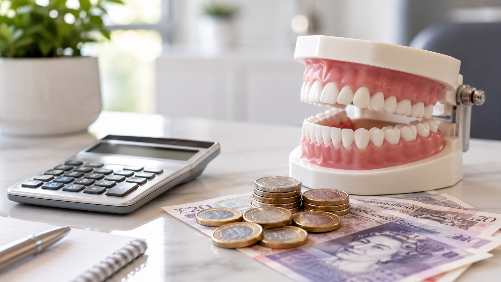 Calculator and dental model representing the true cost of turkey teeth