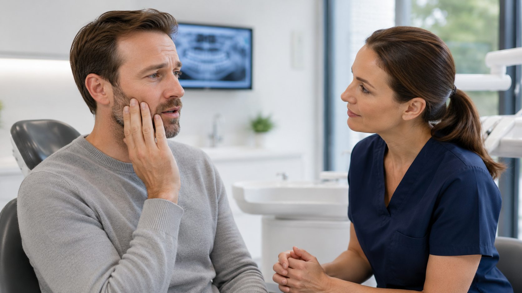 A worried patient speaking to a UK dentist about failed dental work