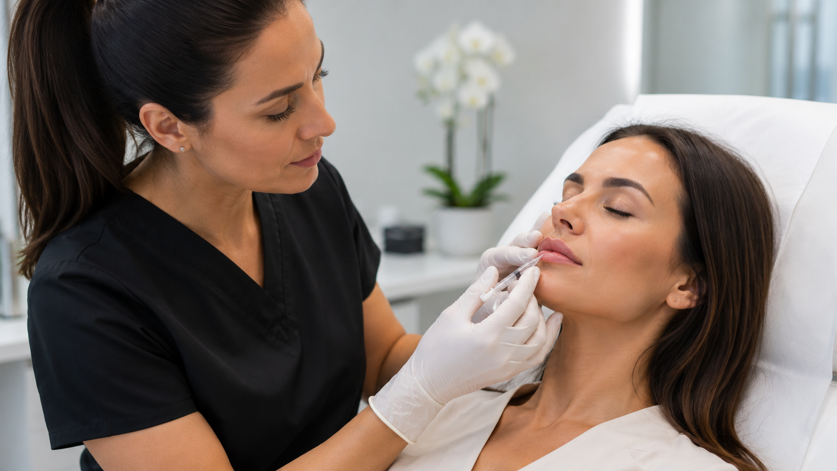 A qualified practitioner carrying out a lip filler treatment in a clinic