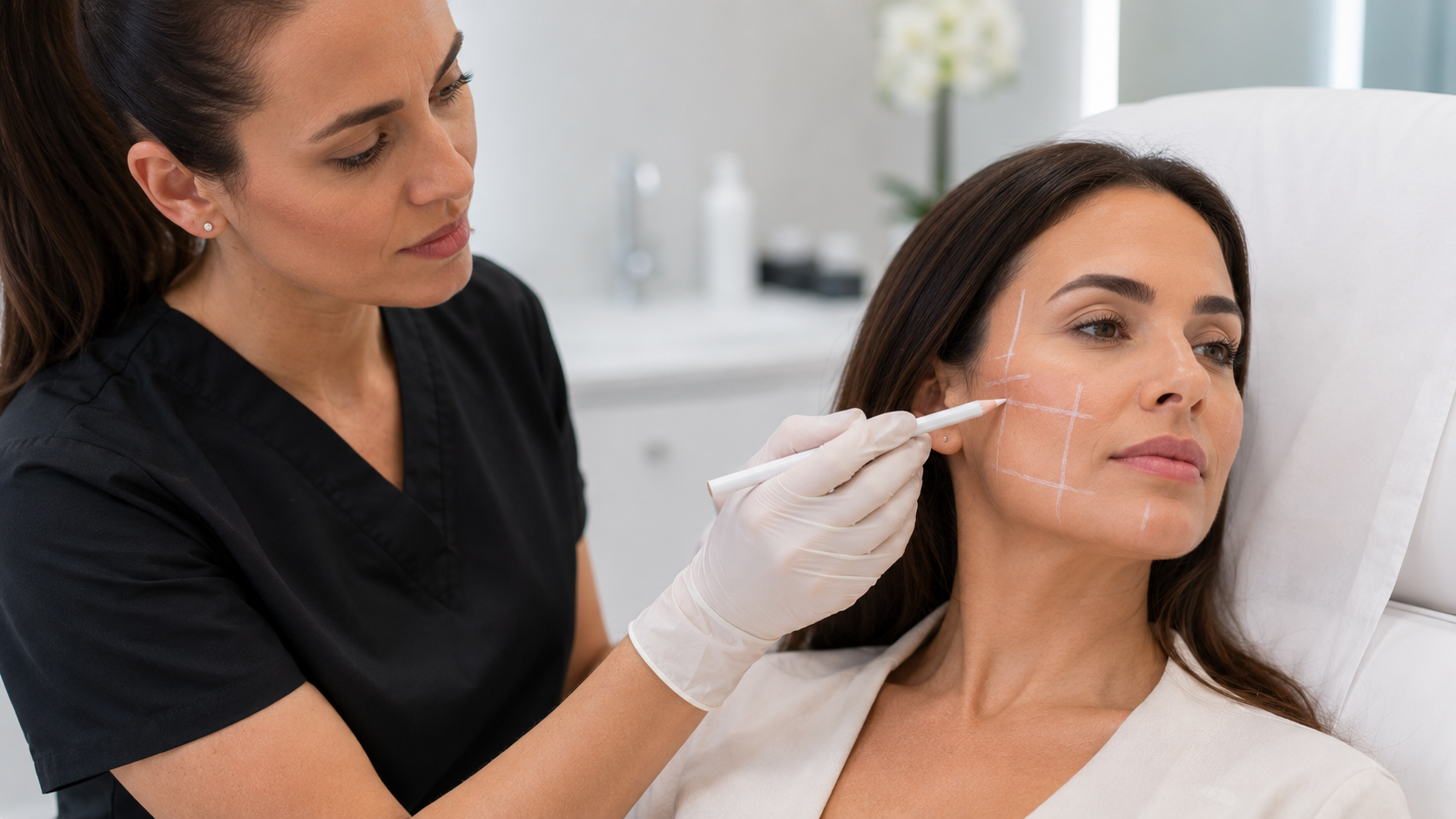 A practitioner marking facial areas before a dermal filler treatment