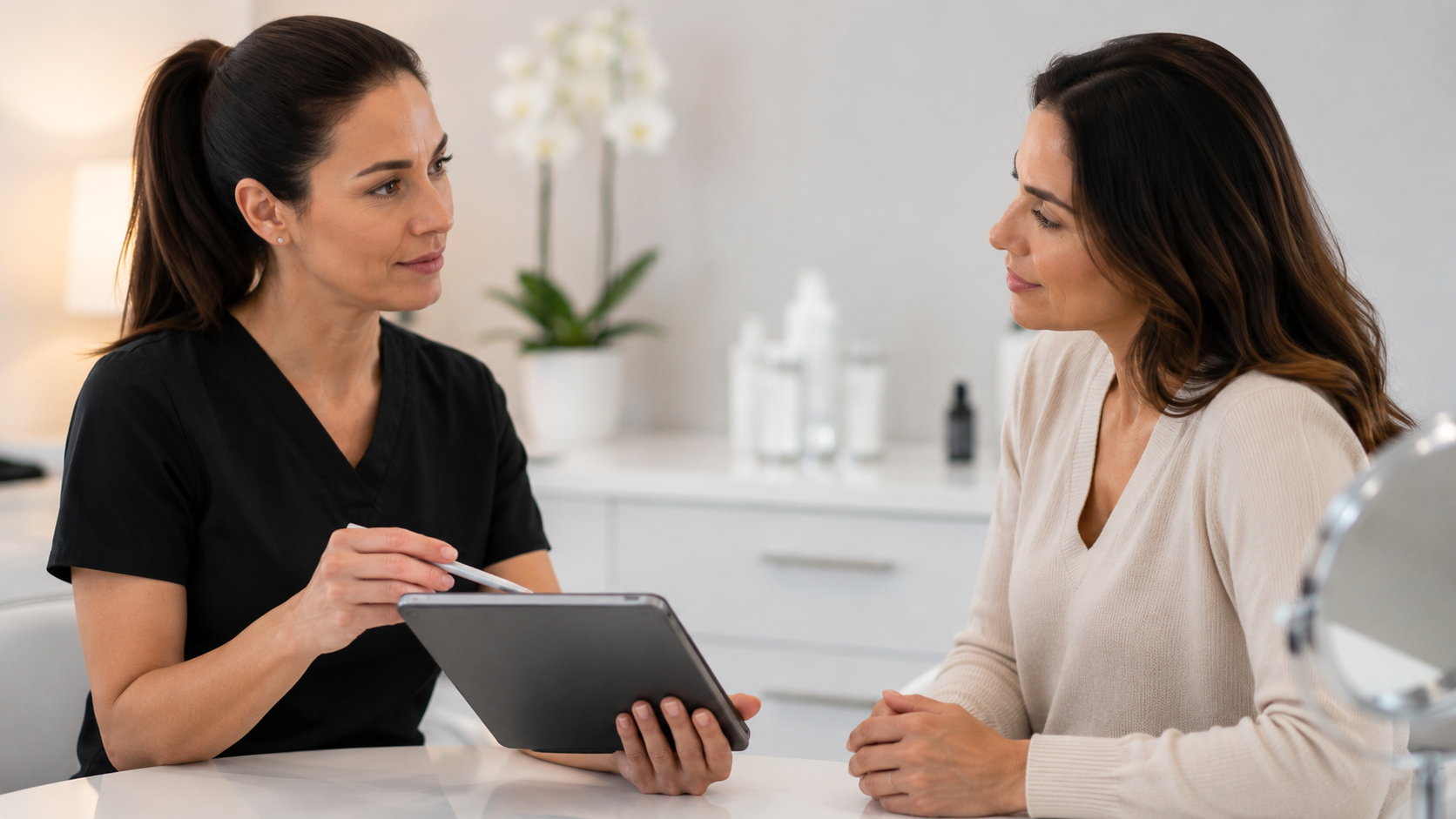 A patient having a consultation with a qualified medical aesthetics practitioner